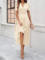 Women's Midi Dress with V-Neck and Puff Sleeves