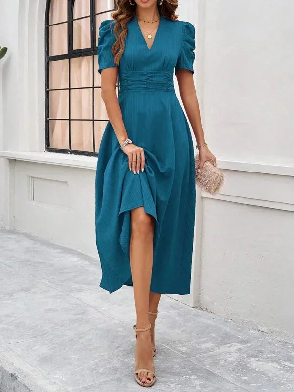 Women's Midi Dress with V-Neck and Puff Sleeves