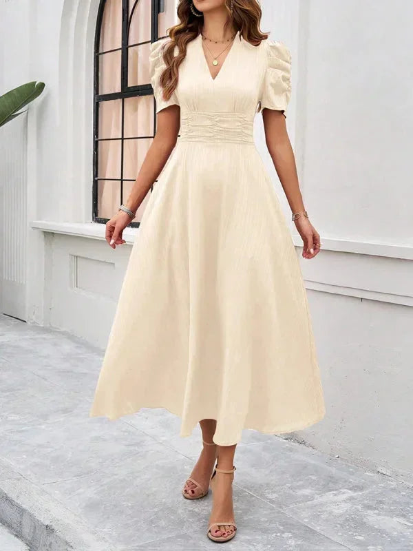 Women's Midi Dress with V-Neck and Puff Sleeves