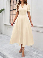 Women's Midi Dress with V-Neck and Puff Sleeves