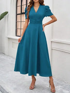 Women's Midi Dress with V-Neck and Puff Sleeves