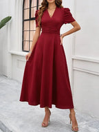 Women's Midi Dress with V-Neck and Puff Sleeves
