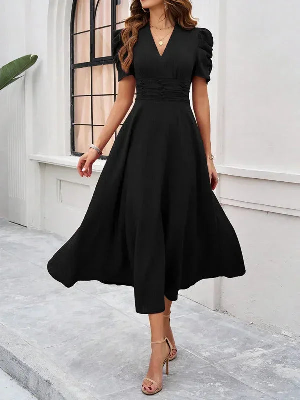 Women's Midi Dress with V-Neck and Puff Sleeves