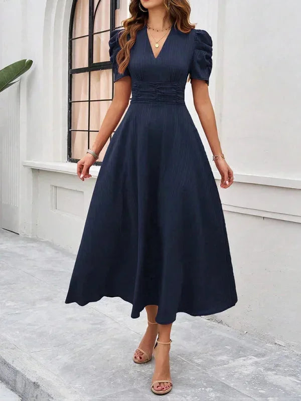 Women's Midi Dress with V-Neck and Puff Sleeves