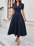 Women's Midi Dress with V-Neck and Puff Sleeves