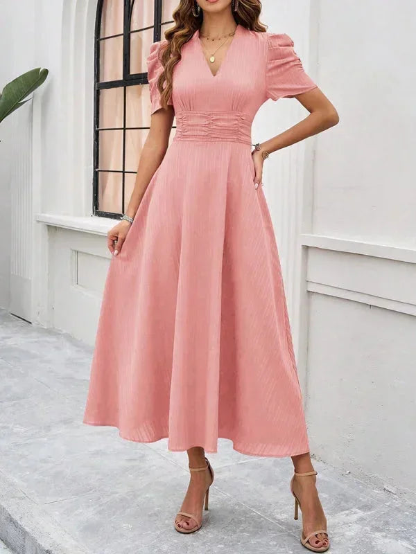 Women's Midi Dress with V-Neck and Puff Sleeves