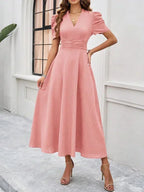 Women's Midi Dress with V-Neck and Puff Sleeves