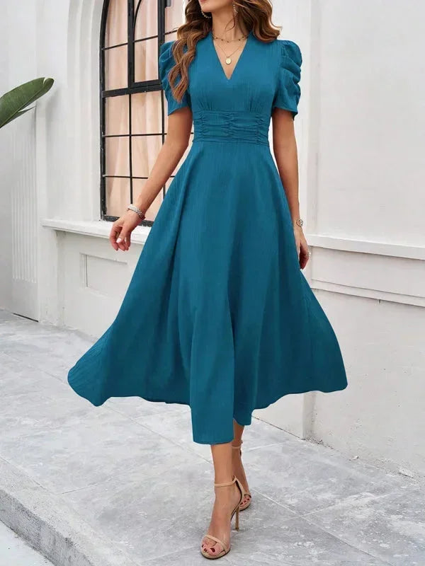 Women's Midi Dress with V-Neck and Puff Sleeves