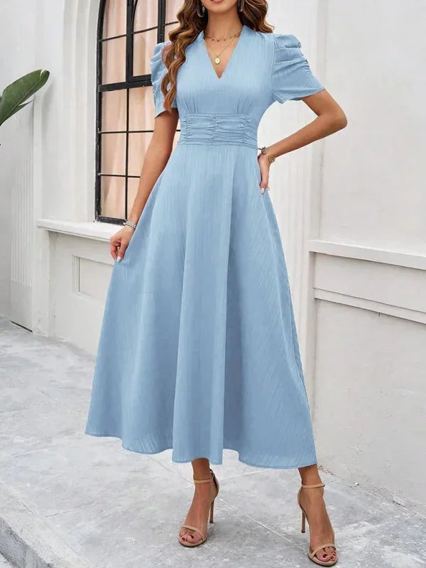 Women's Midi Dress with V-Neck and Puff Sleeves