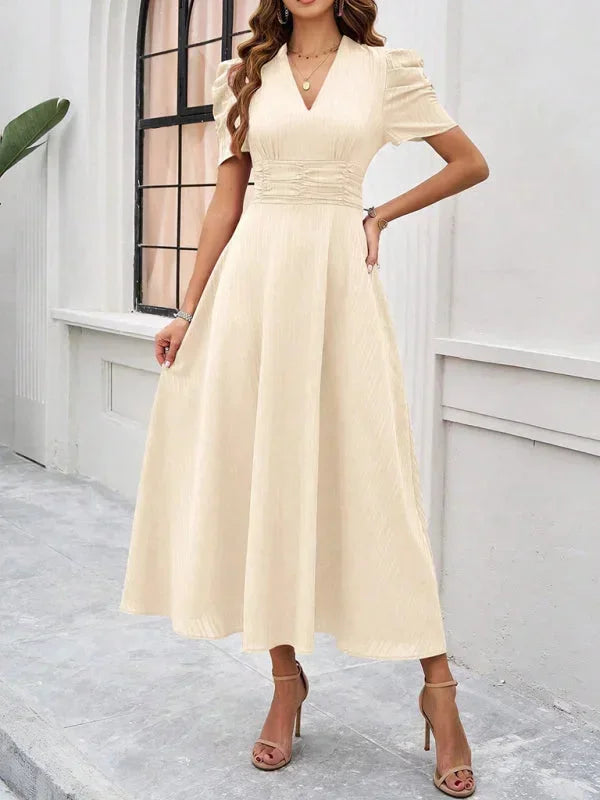 Women's Midi Dress with V-Neck and Puff Sleeves