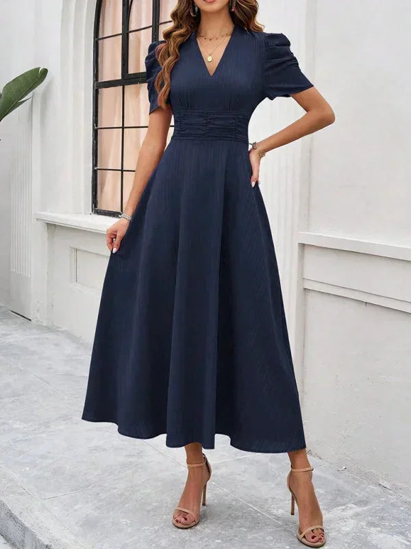 Women's Midi Dress with V-Neck and Puff Sleeves