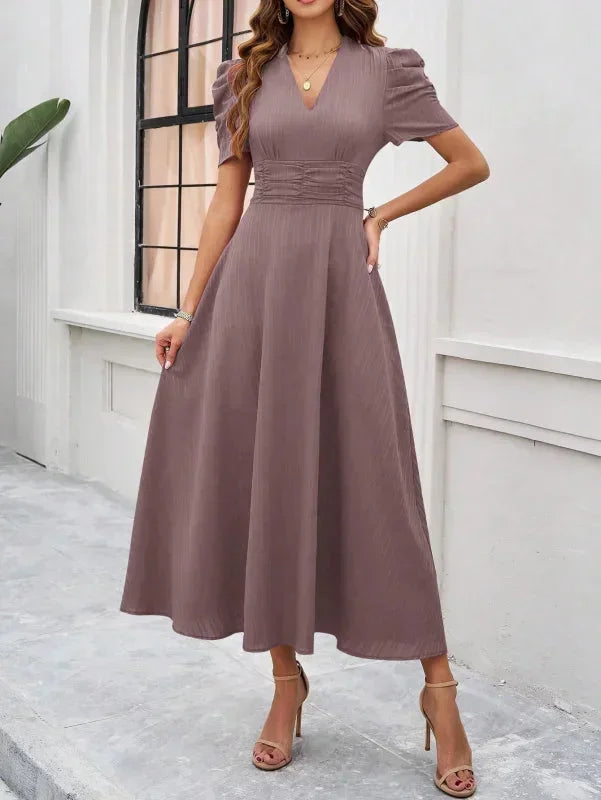 Women's Midi Dress with V-Neck and Puff Sleeves