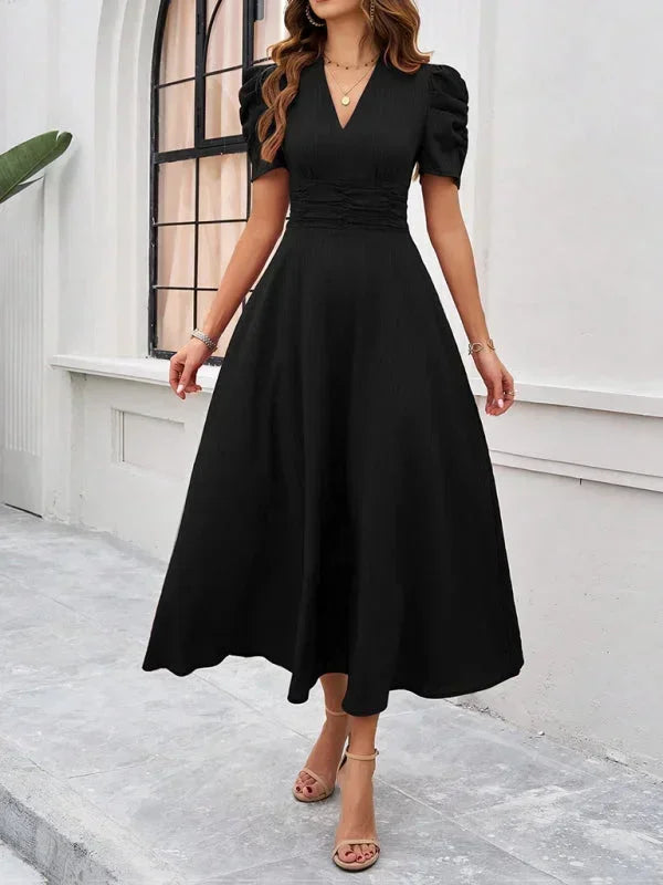 Women's Midi Dress with V-Neck and Puff Sleeves