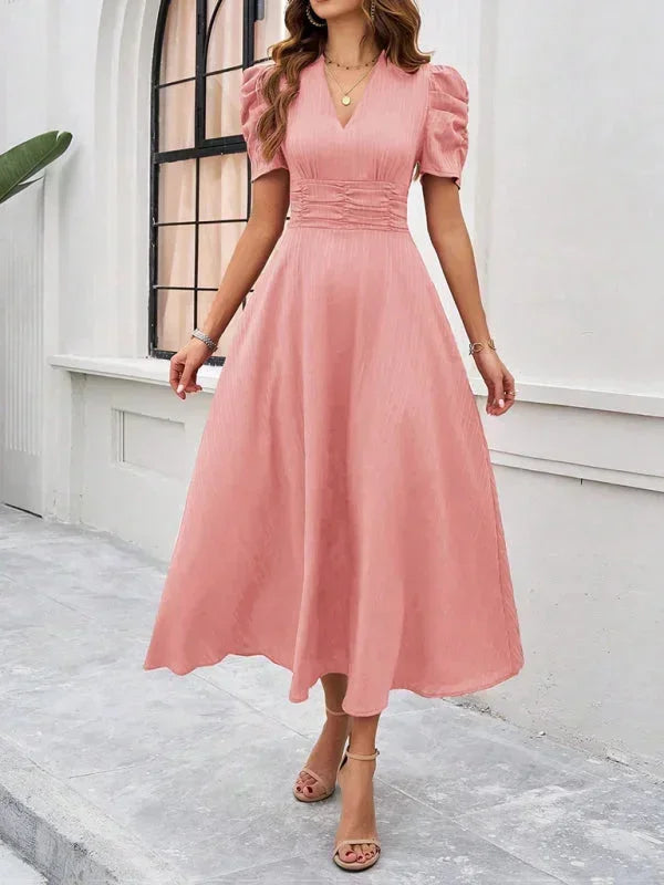 Women's Midi Dress with V-Neck and Puff Sleeves