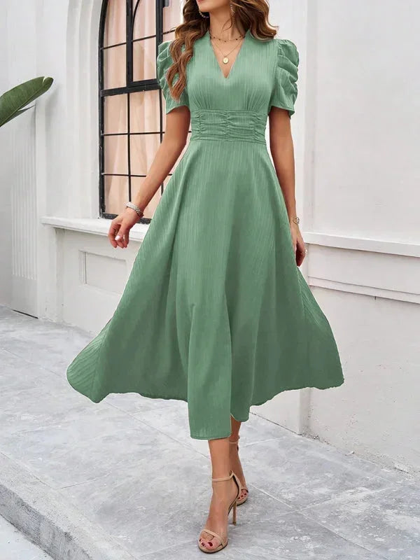 Women's Midi Dress with V-Neck and Puff Sleeves