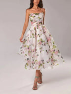 Fluid midi dress for women with fine straps and floral print