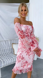 Floral Midi Dress for Women with Off-the-Shoulder Design and Long Sleeves