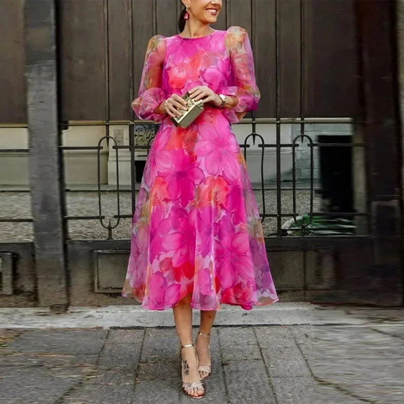 Floral Midi Dress for Women with Long Sleeves in Lightweight Fabric