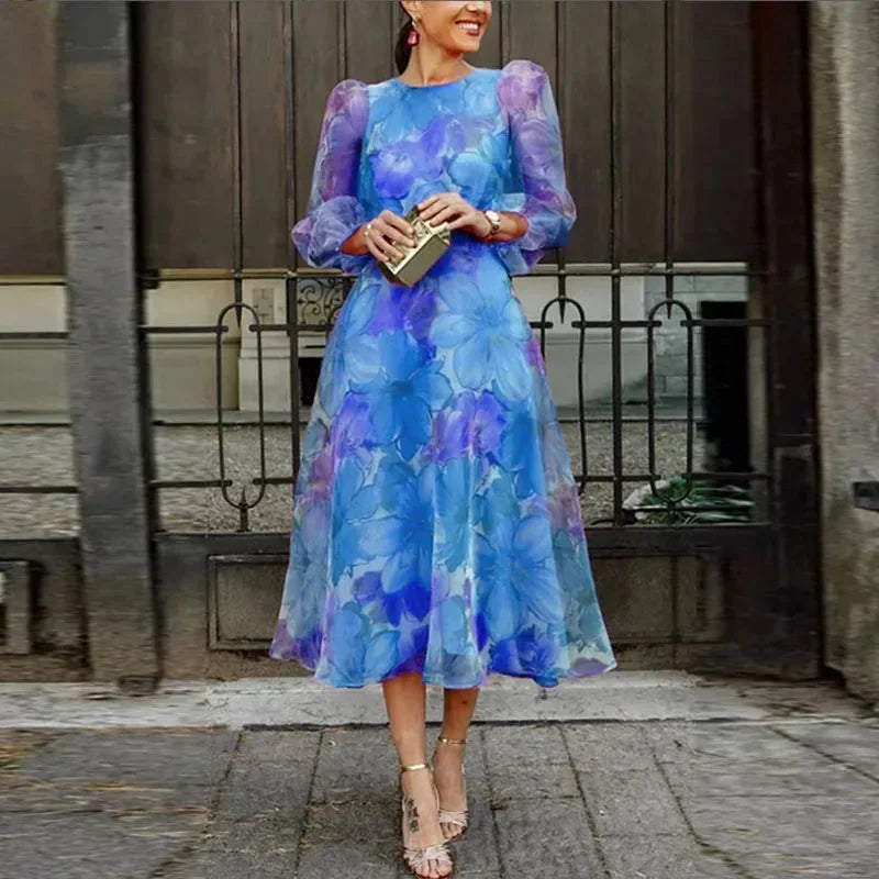 Floral Midi Dress for Women with Long Sleeves in Lightweight Fabric
