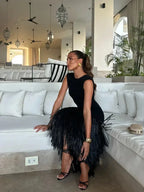 Black Sleeveless Midi Dress with Fringe Hem