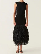 Black Sleeveless Midi Dress with Fringe Hem