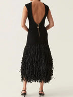 Black Sleeveless Midi Dress with Fringe Hem