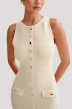 Sleeveless Buttoned Midi Dress with Ribbed Fabric