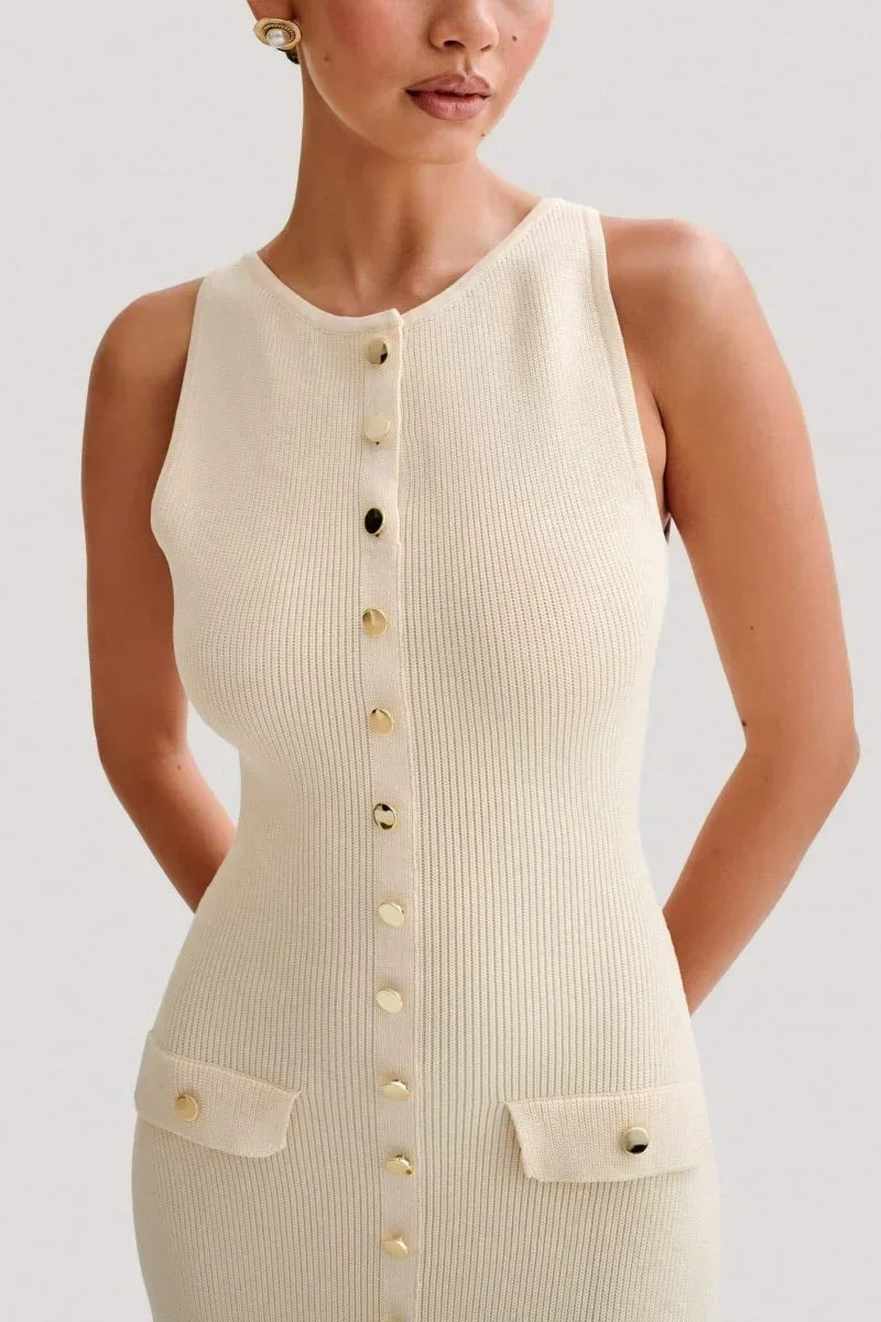 Sleeveless Buttoned Midi Dress with Ribbed Fabric