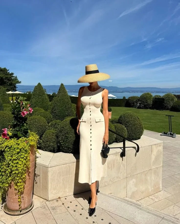 Sleeveless Buttoned Midi Dress with Ribbed Fabric