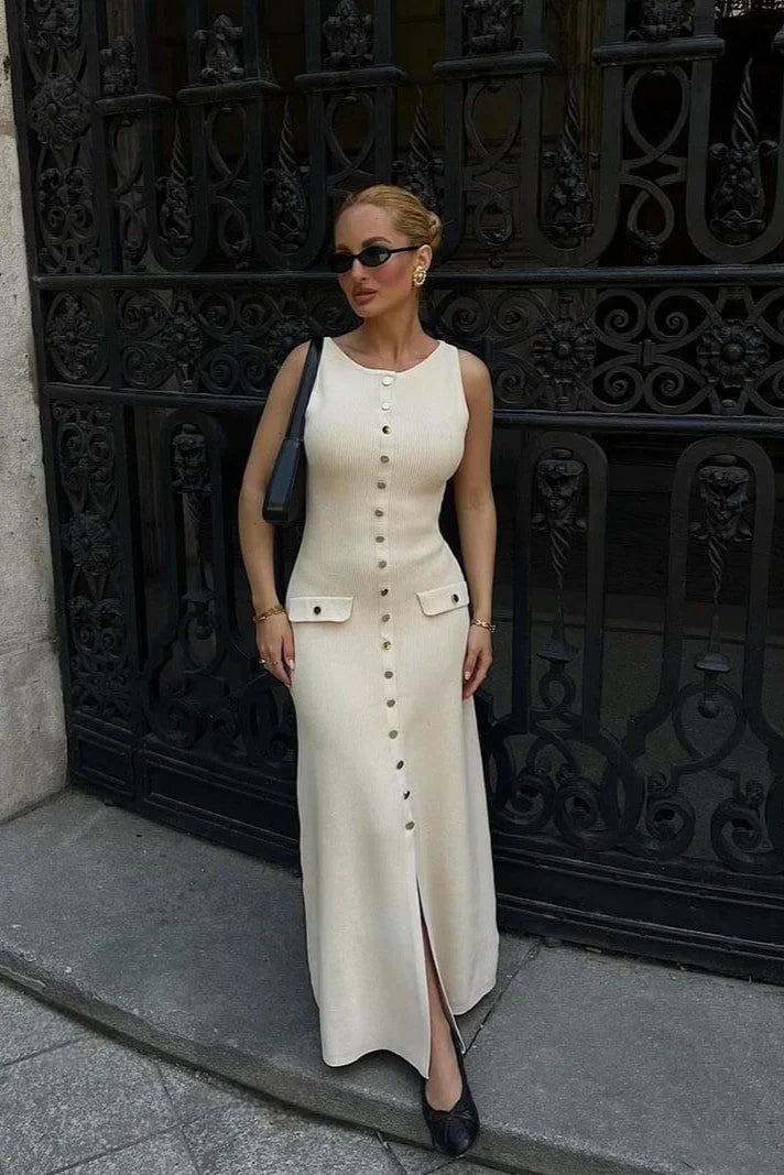 Sleeveless Buttoned Midi Dress with Ribbed Fabric