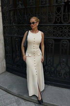 Sleeveless Buttoned Midi Dress with Ribbed Fabric