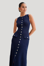 Sleeveless Buttoned Midi Dress with Ribbed Fabric