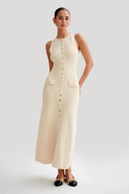 Sleeveless Buttoned Midi Dress with Ribbed Fabric