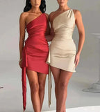 Asymmetrical Draped One-Shoulder Short Dress for Women