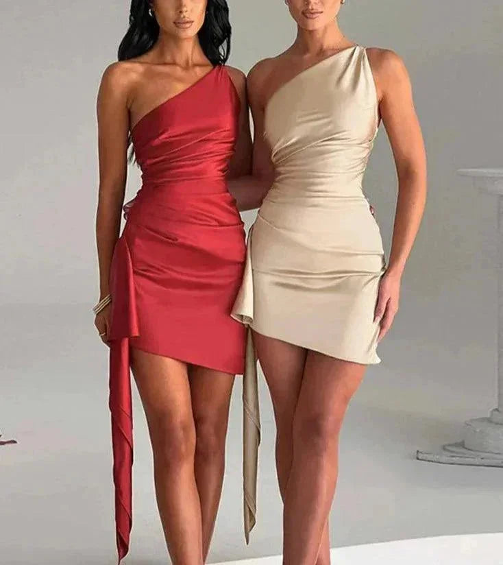 Asymmetrical Draped One-Shoulder Short Dress for Women