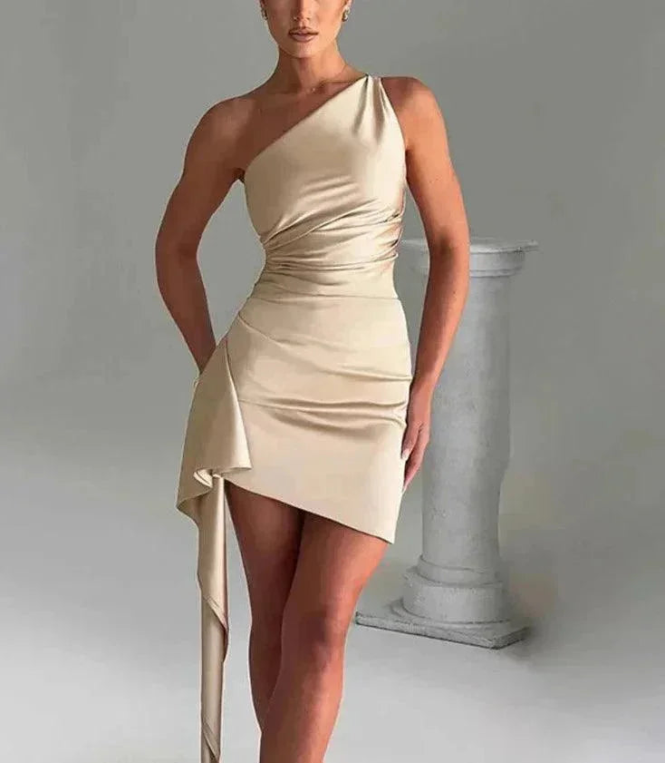 Asymmetrical Draped One-Shoulder Short Dress for Women
