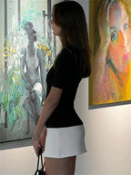 Short Women's Bicolour Dress with Roll Neck and Short Sleeves