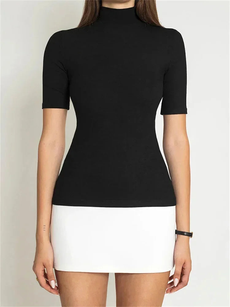 Short Women's Bicolour Dress with Roll Neck and Short Sleeves