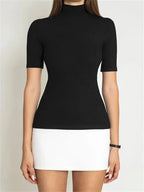 Short Women's Bicolour Dress with Roll Neck and Short Sleeves