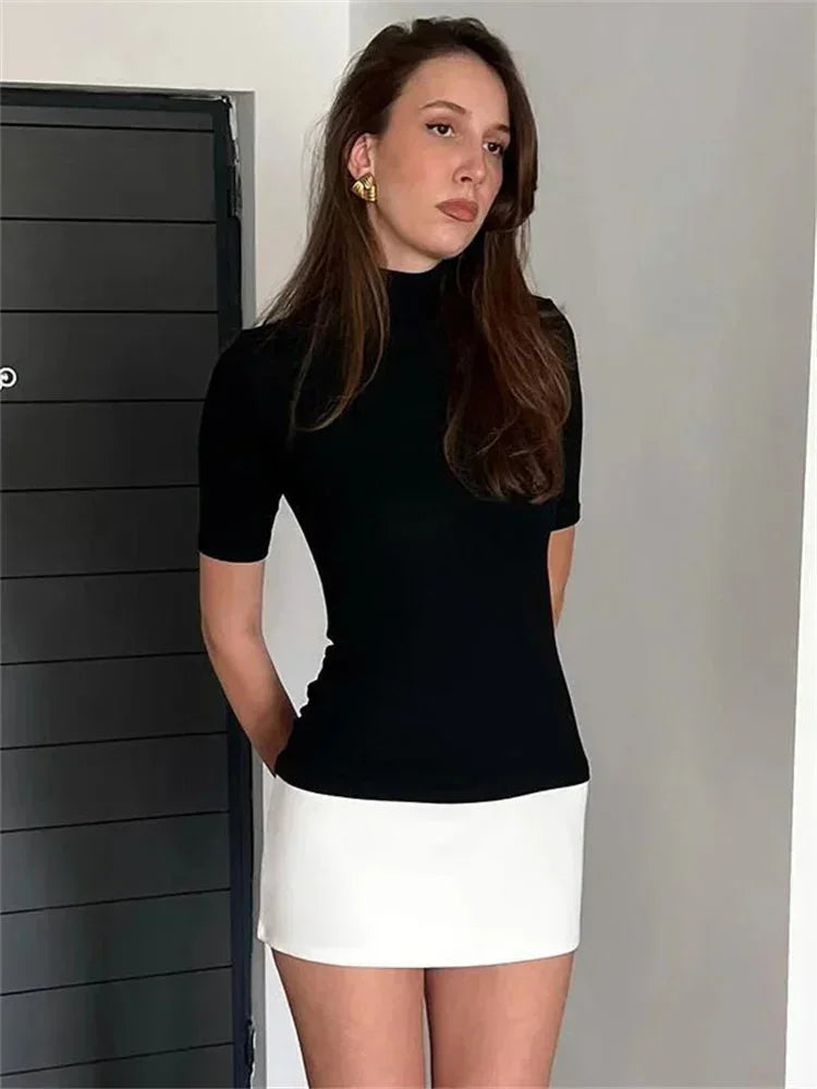 Short Women's Bicolour Dress with Roll Neck and Short Sleeves