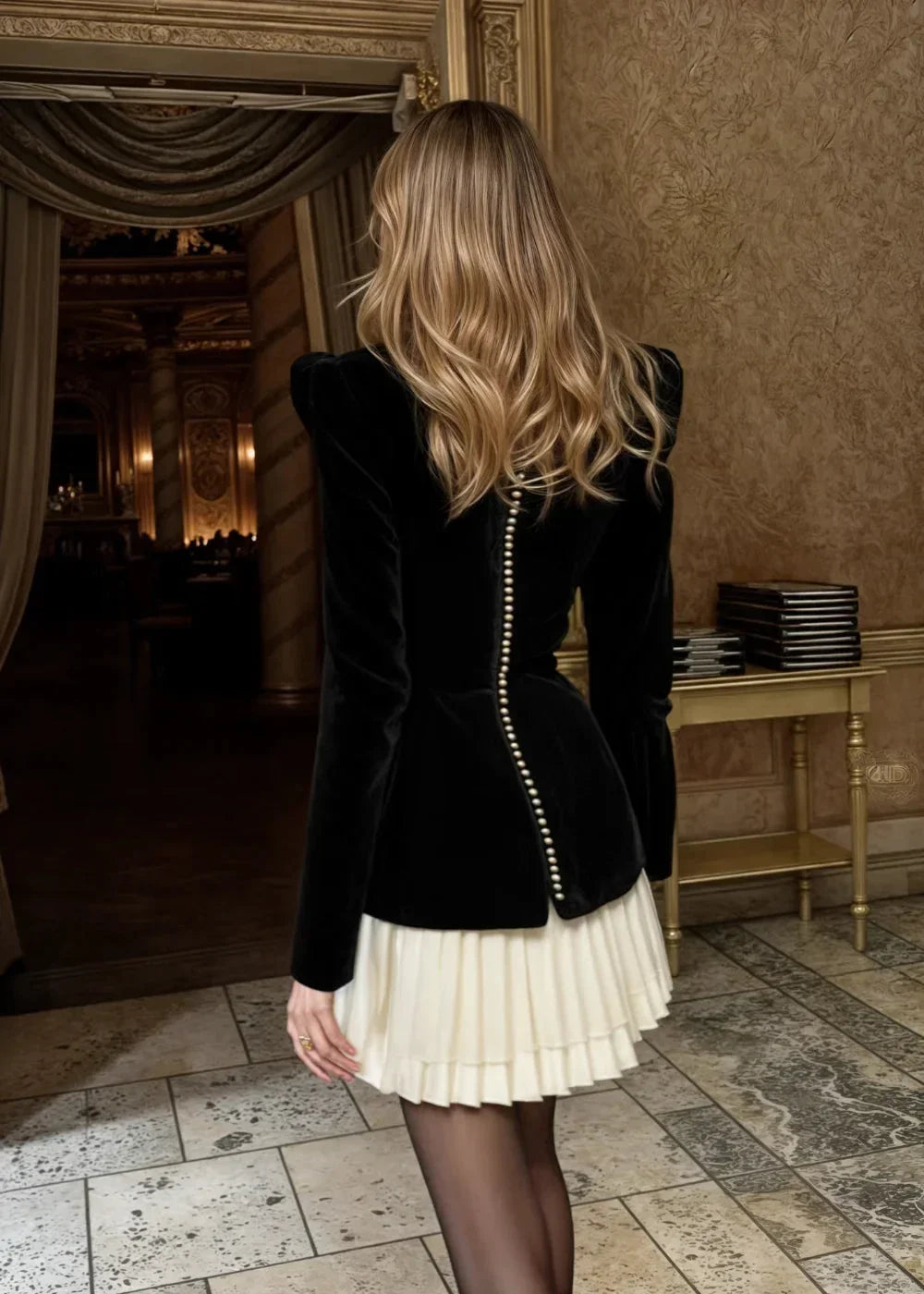 Short Black Dress with Structured Top and Pleated Skirt