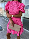 Short lace dress for women with high collar and puff sleeves
