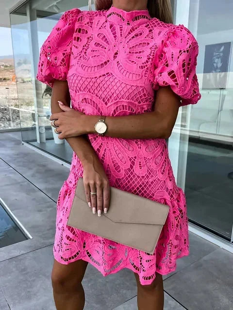 Short lace dress for women with high collar and puff sleeves