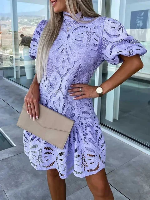 Short lace dress for women with high collar and puff sleeves