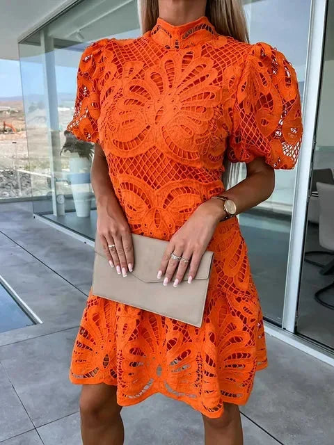 Short lace dress for women with high collar and puff sleeves