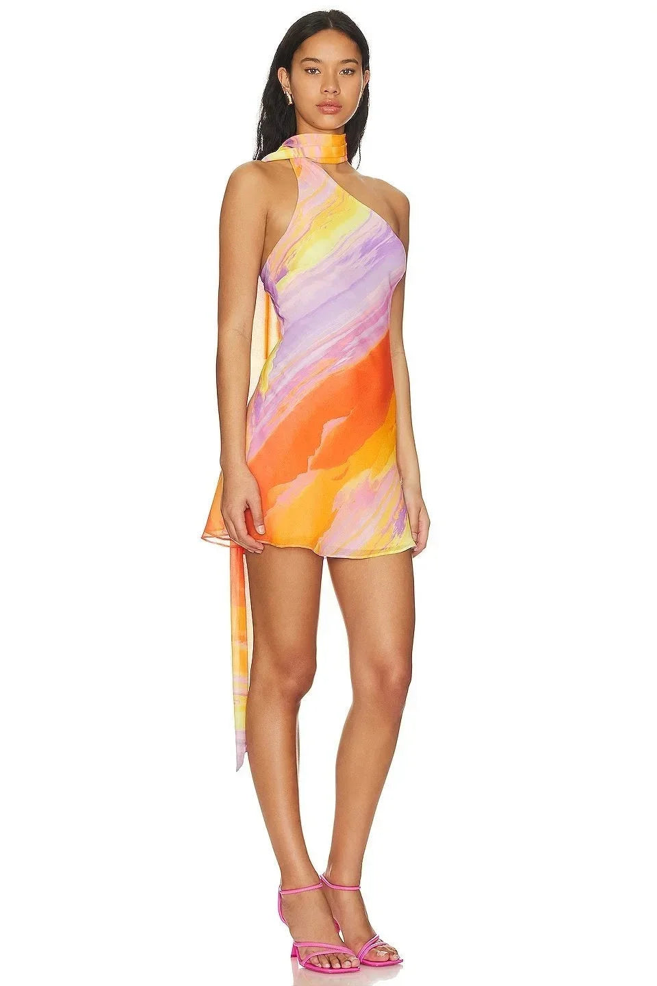 Short Women's Dress in Gradient Orange with Asymmetric Halter Neck