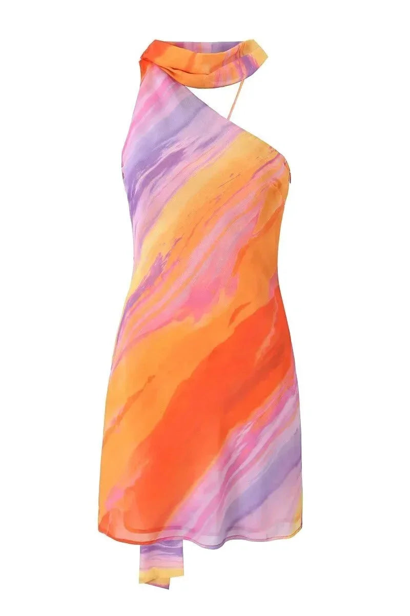 Short Women's Dress in Gradient Orange with Asymmetric Halter Neck