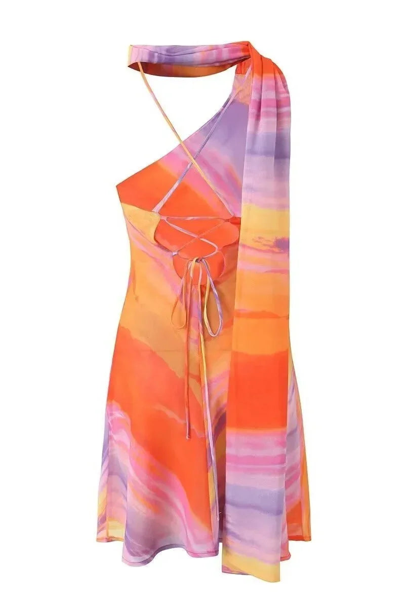 Short Women's Dress in Gradient Orange with Asymmetric Halter Neck