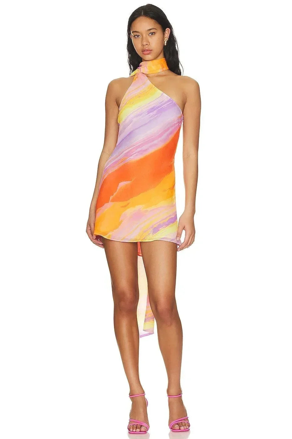 Short Women's Dress in Gradient Orange with Asymmetric Halter Neck