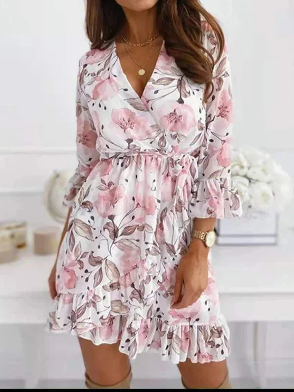 Short Floral Print Dress for Women with Ruffled Sleeves